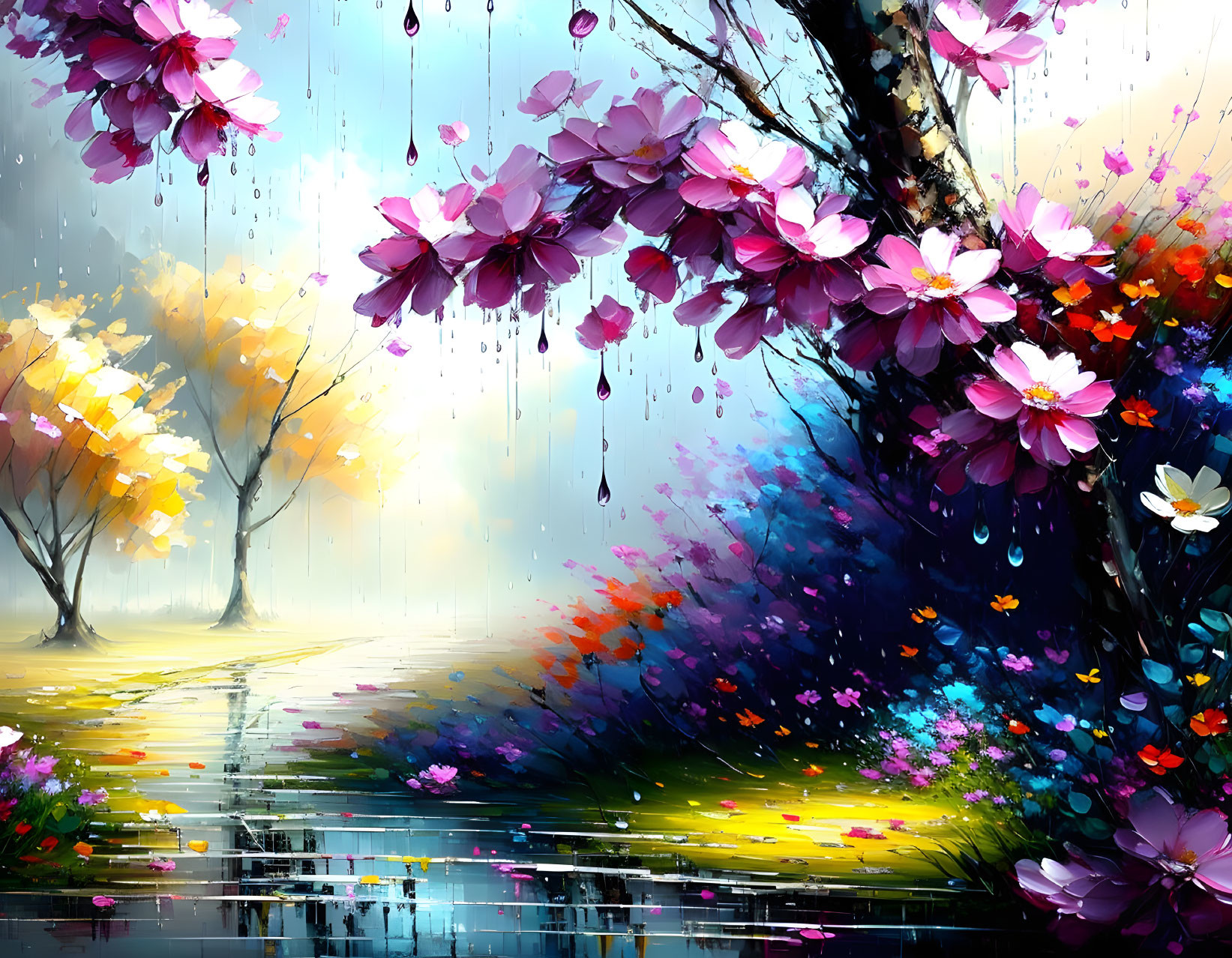 Colorful Rainy Scene with Vibrant Trees and Pink Flowers