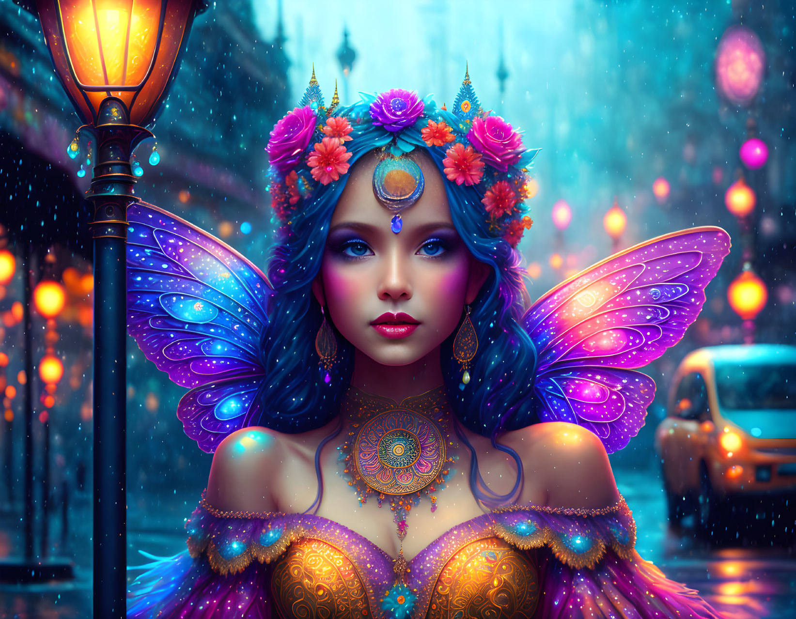 Colorful Fairy with Blue Hair and Ornate Wings in Urban Rainy Setting