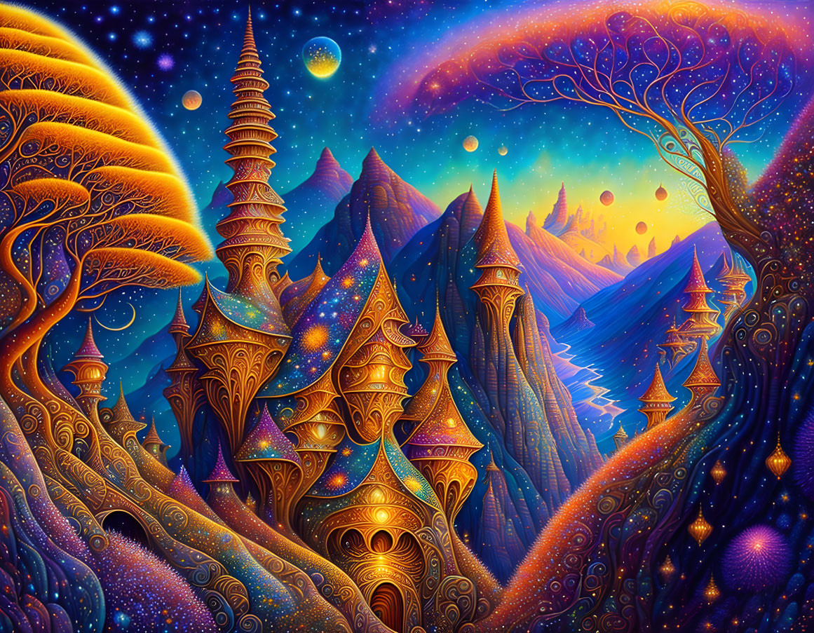 Colorful Fantasy Landscape with Stylized Mountains and Starry Sky