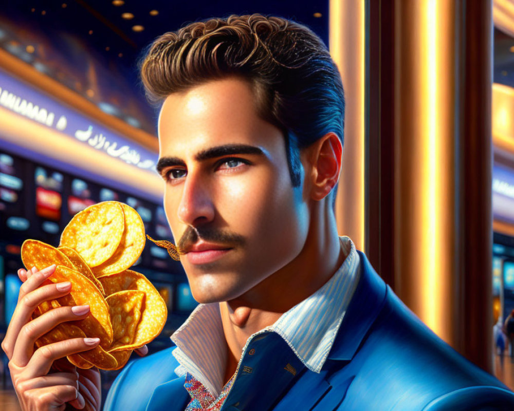 Stylish man with mustache in blue suit holding casino chips