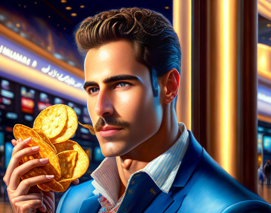 Stylish man with mustache in blue suit holding casino chips