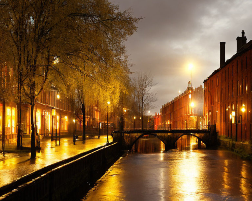 Tranquil evening scene with lit pathway and calm canal under dusky sky