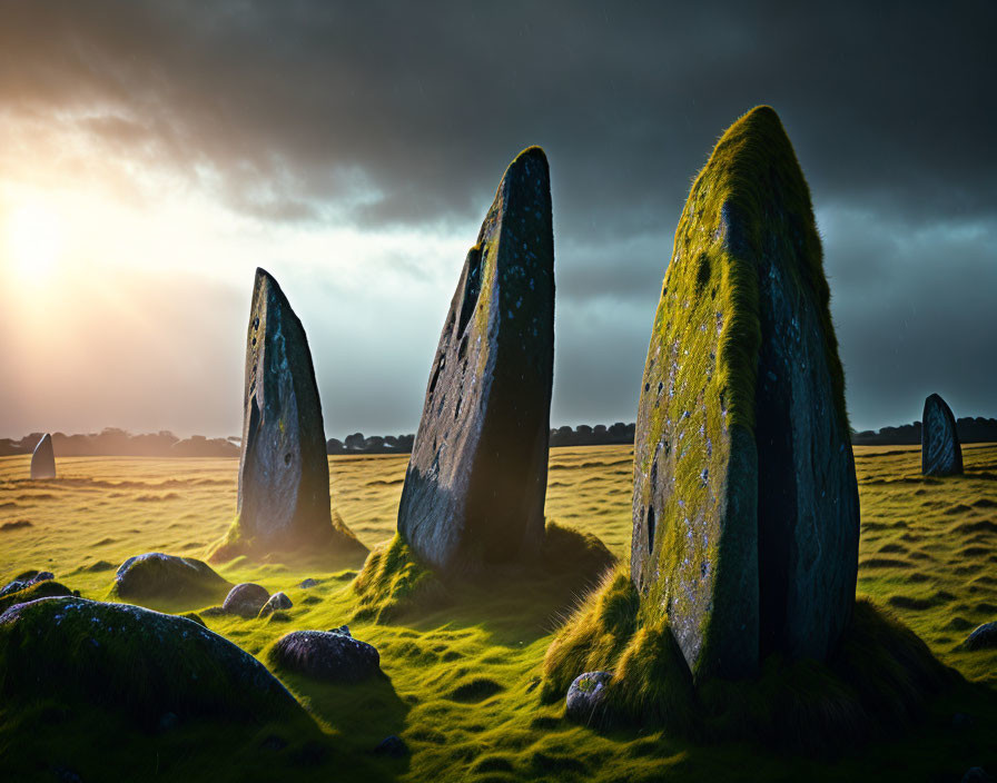 Mossy standing stones under dramatic cloudy sky at dusk