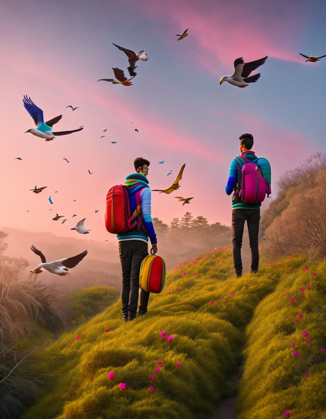 Two backpackers walking on grassy path at sunset with flying birds