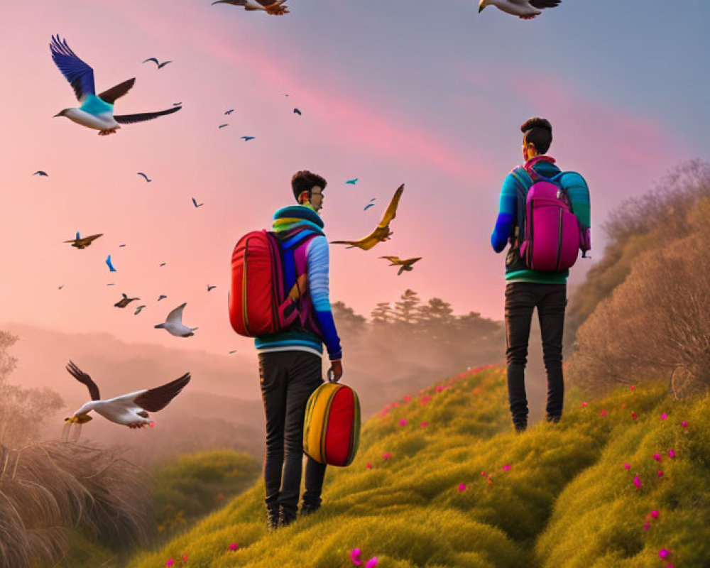 Two backpackers walking on grassy path at sunset with flying birds