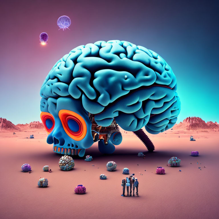 Surreal landscape with giant brain, colorful skull, human figures, jellyfish, and brain-c