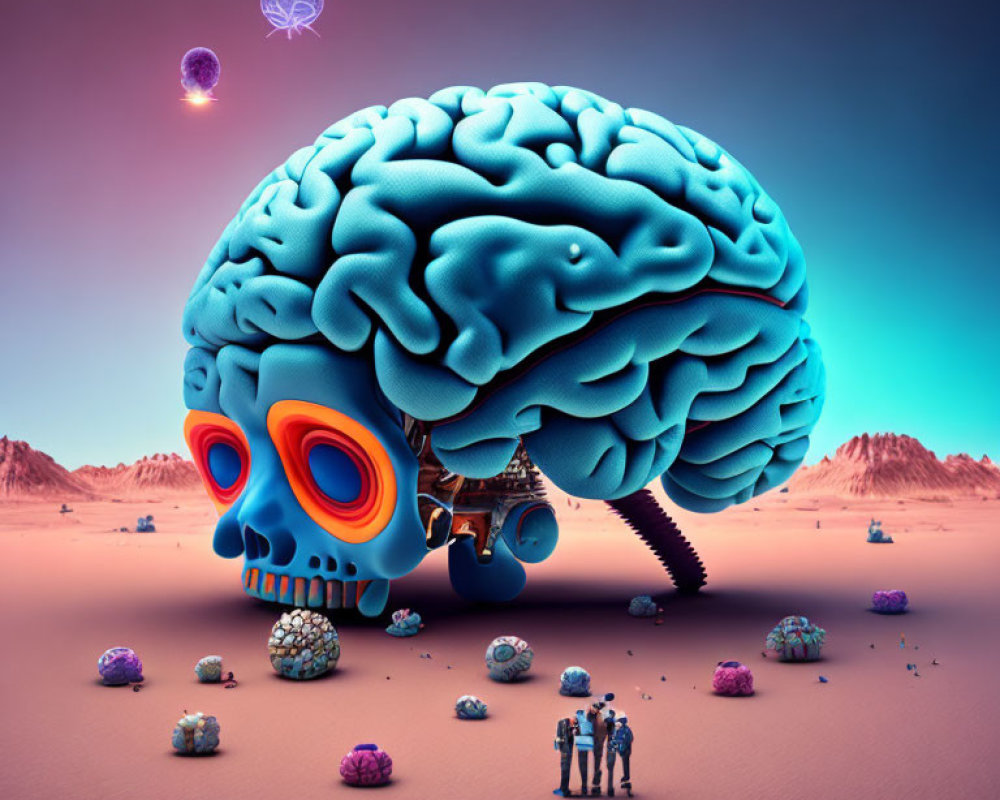 Surreal landscape with giant brain, colorful skull, human figures, jellyfish, and brain-c