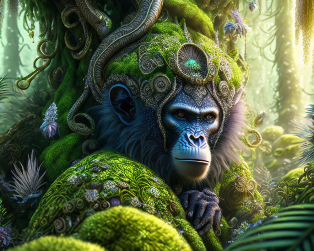 Detailed Monkey Artwork with Green Patterns in Mystical Forest