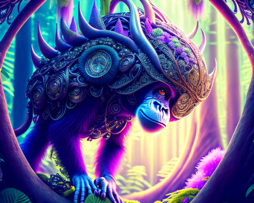 Ornate horned mystical creature in neon-lit lush forest