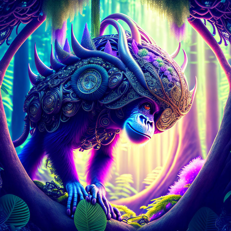 Ornate horned mystical creature in neon-lit lush forest