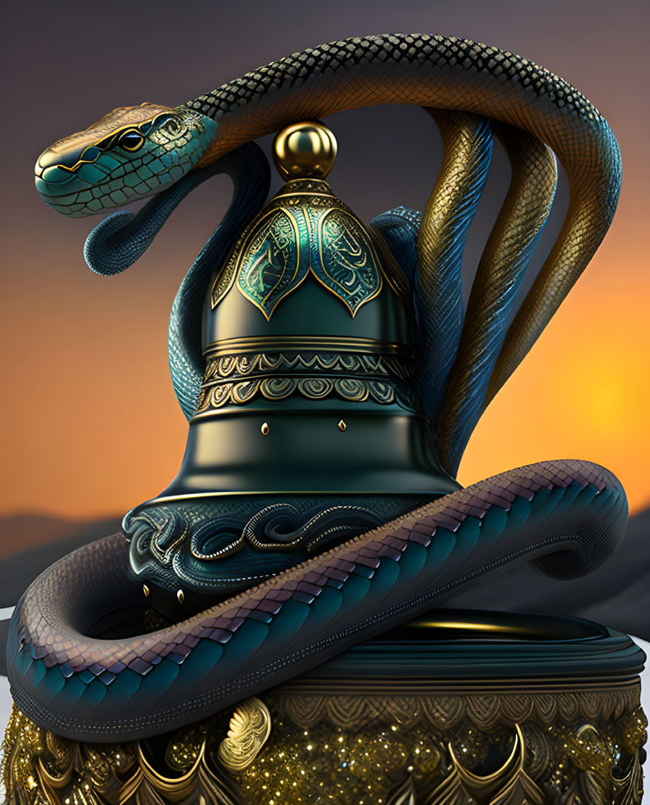 Knight's Armor with Coiled Serpent Design on Dusky Sky Background