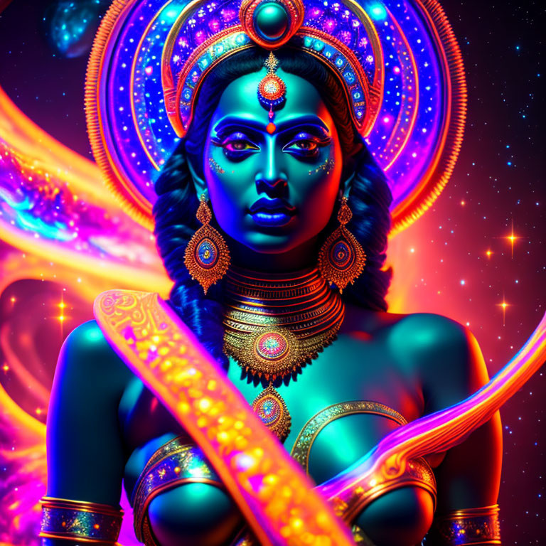 Colorful digital art: Woman adorned with jewelry in cosmic setting