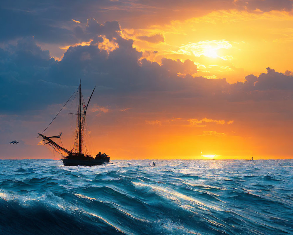 Sunset Sailboat on Ocean with Orange Skies and Blue Waves