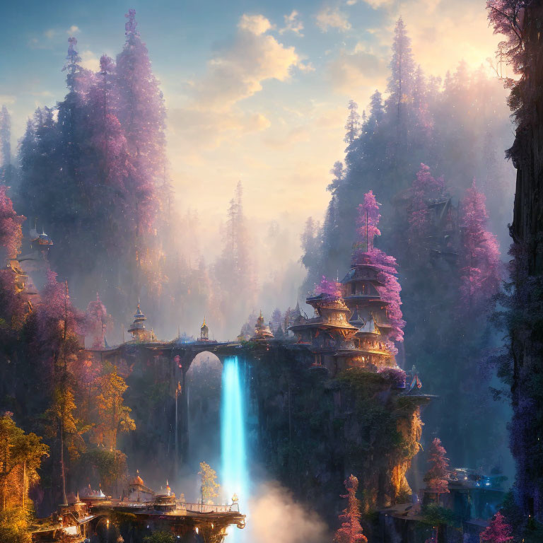 Serene fantasy landscape with waterfall, pagoda structures, and pink forests