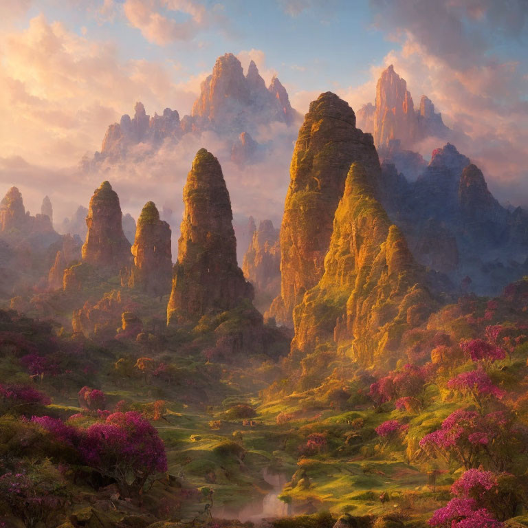 Tranquil landscape with rock spires, greenery, pink trees, and stream at sunrise