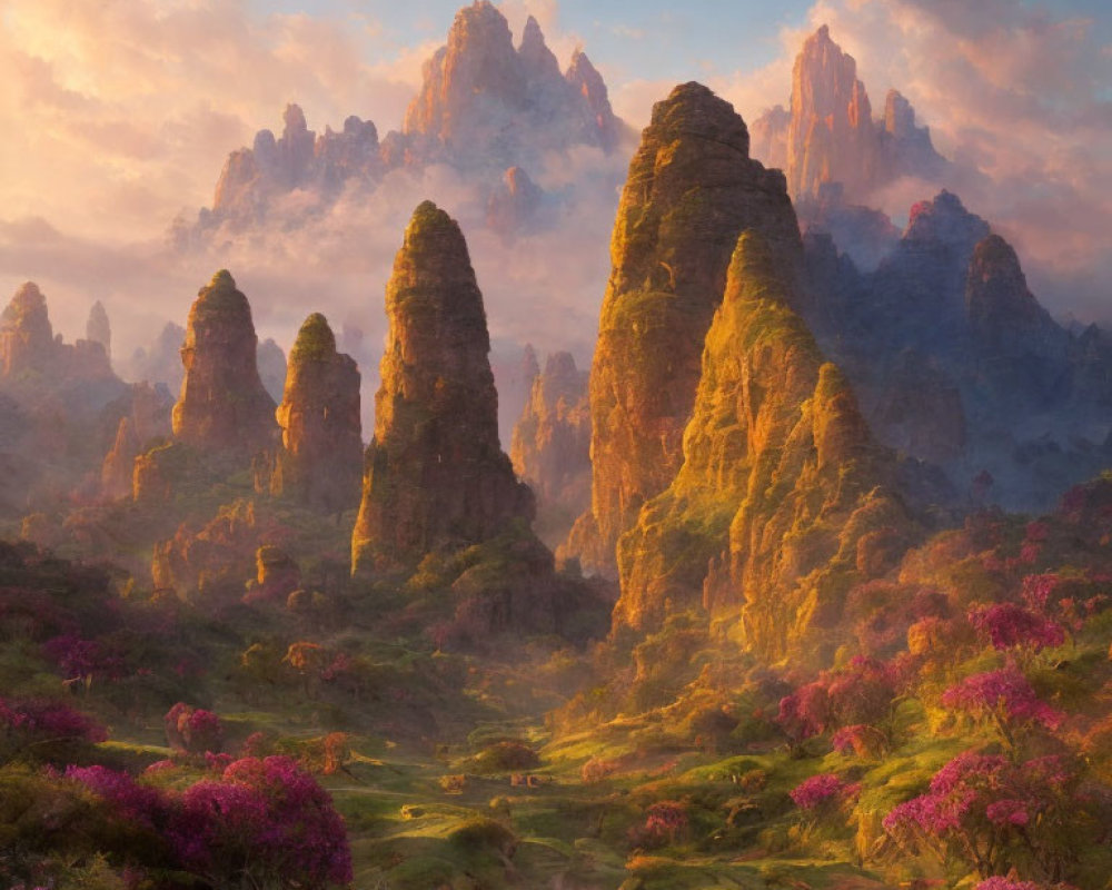 Tranquil landscape with rock spires, greenery, pink trees, and stream at sunrise