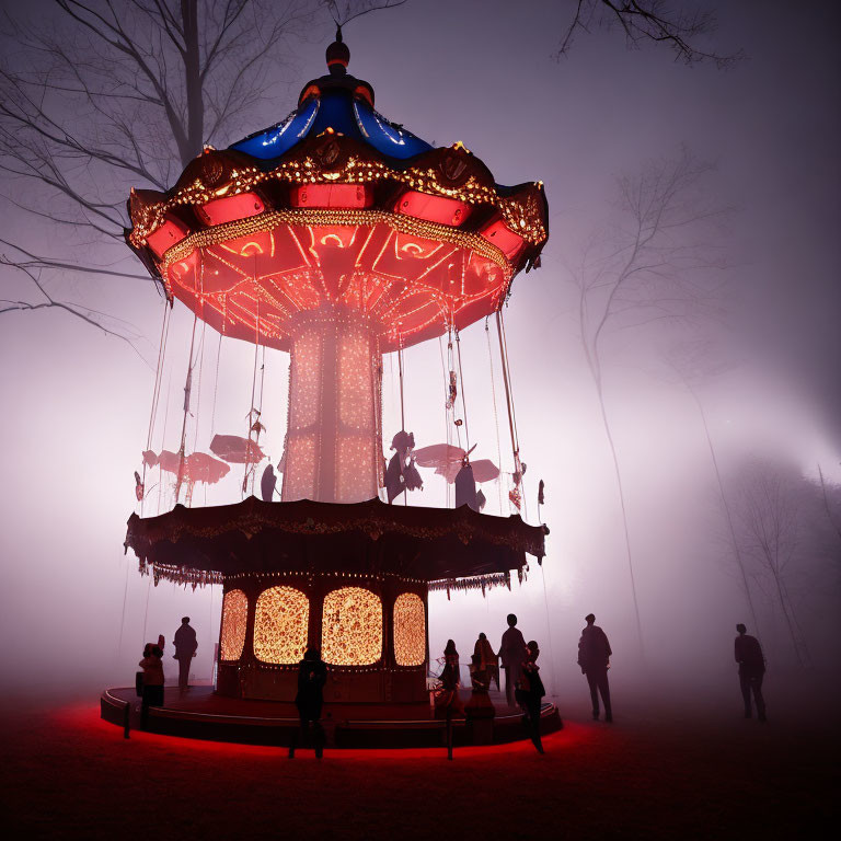 Vintage carousel on foggy night with people creating nostalgic ambiance