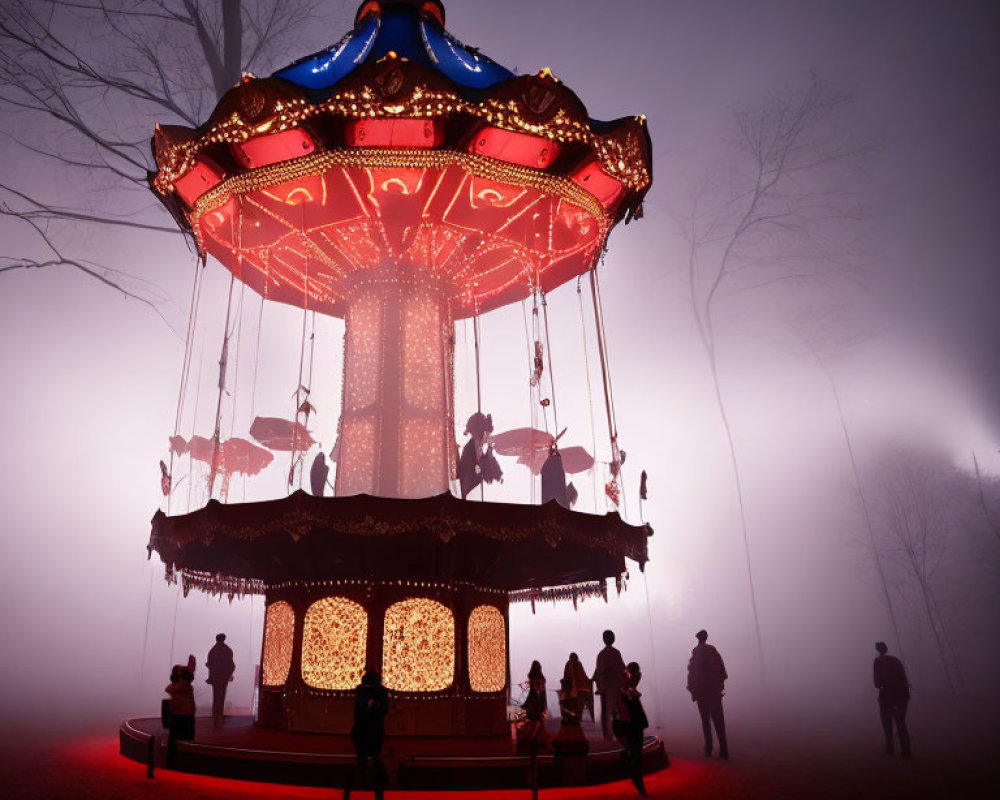 Vintage carousel on foggy night with people creating nostalgic ambiance