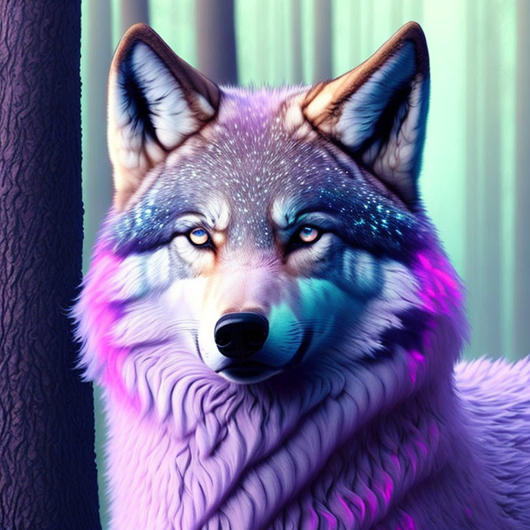 Digital image of blue and purple wolf with vibrant eyes on blurred tree backdrop