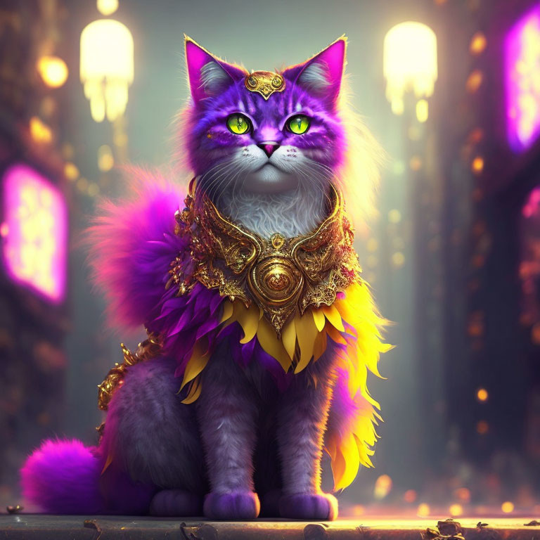 Purple Cat in Golden Armor Sitting in Enchanted Forest