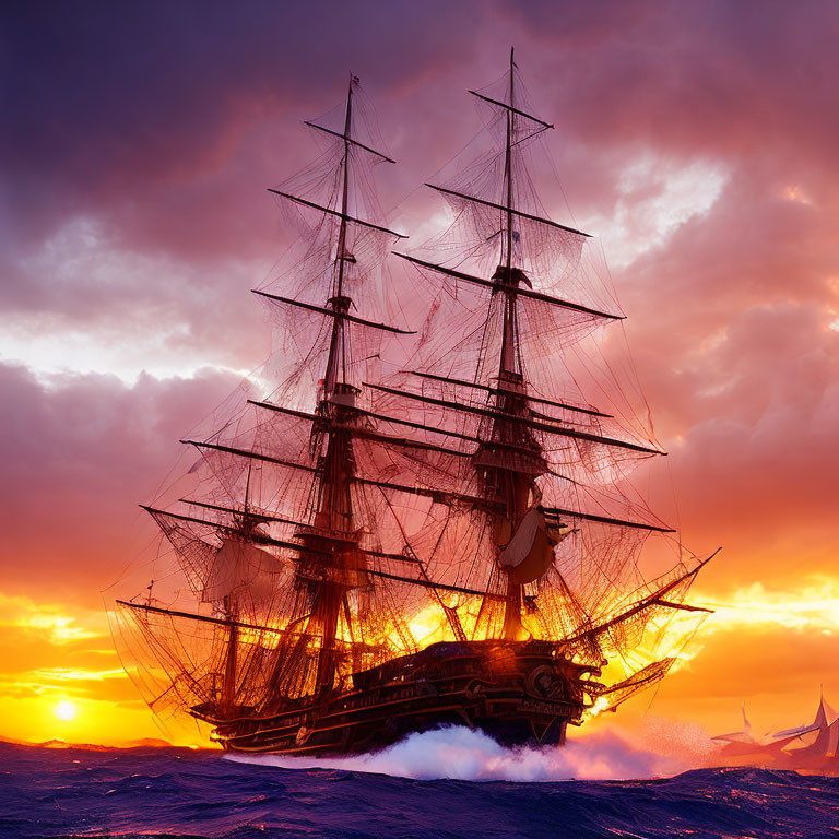 Sailing ship with billowing sails on turbulent ocean under dramatic sunset sky