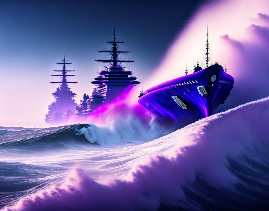 Colorful digital art: Ships on ocean waves with purple and pink hues under dramatic sky