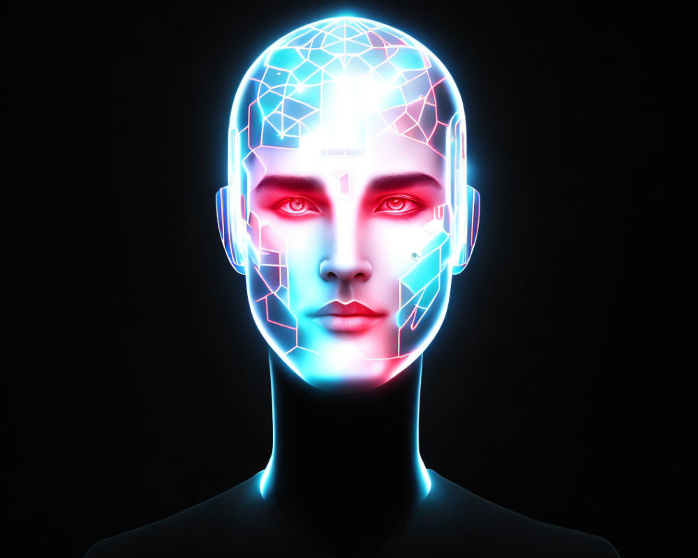 Digital Illustration: Humanoid Face with Glowing Circuit Pattern on Black Background