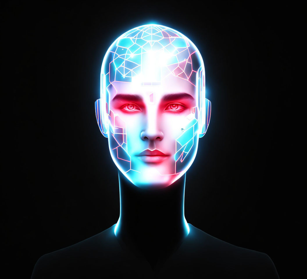 Digital Illustration: Humanoid Face with Glowing Circuit Pattern on Black Background