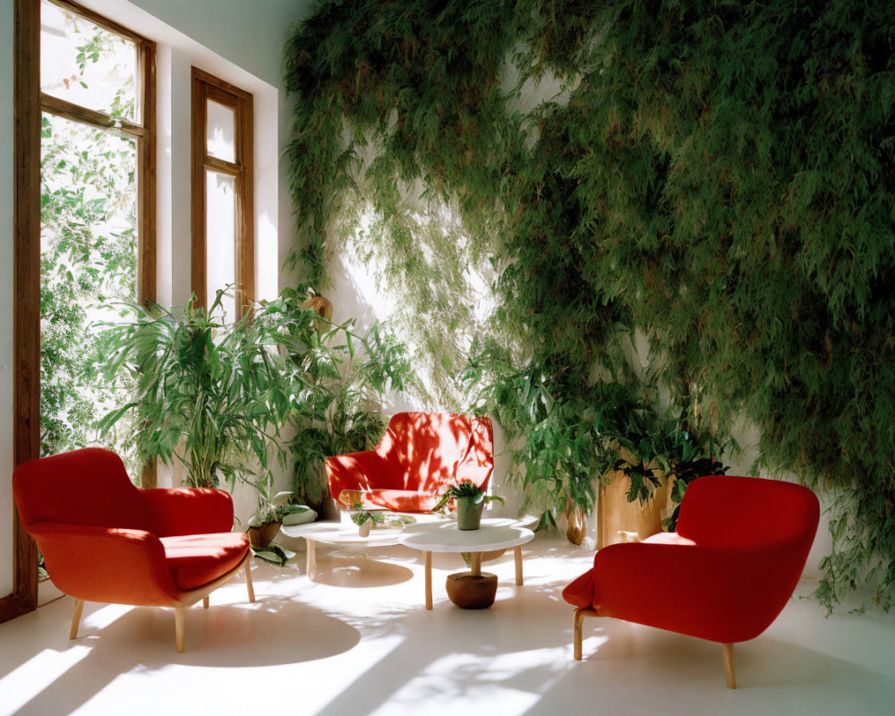 Sunlit Room with Red Chairs, Table, and Indoor Plants