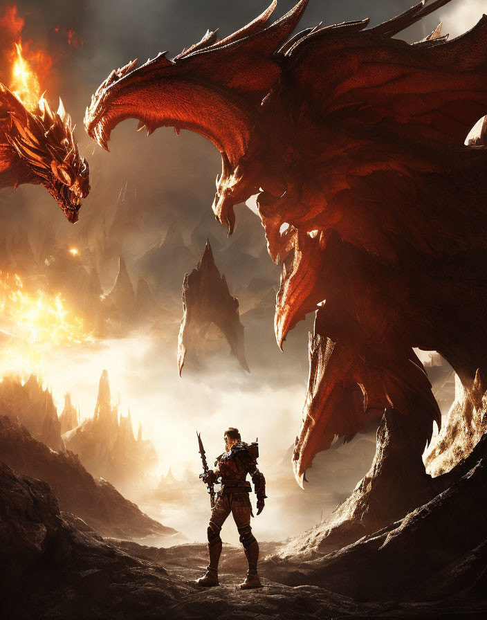 Warrior confronts dragon in fiery fantasy landscape