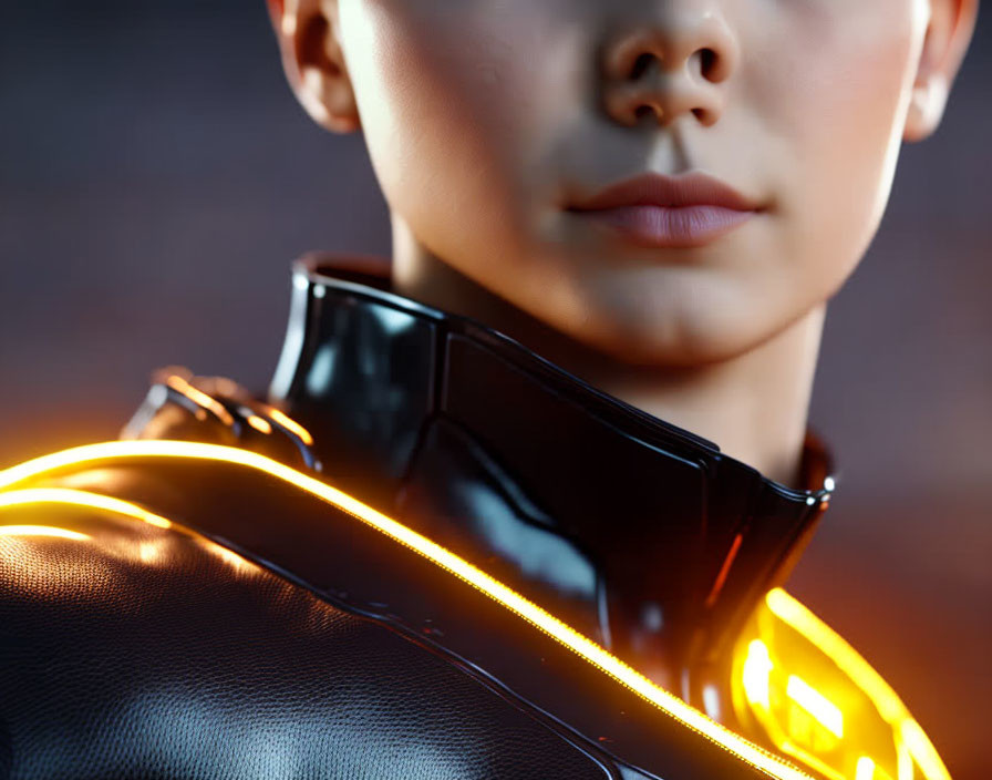 Futuristic black suit with glowing orange lights on neck and lower face