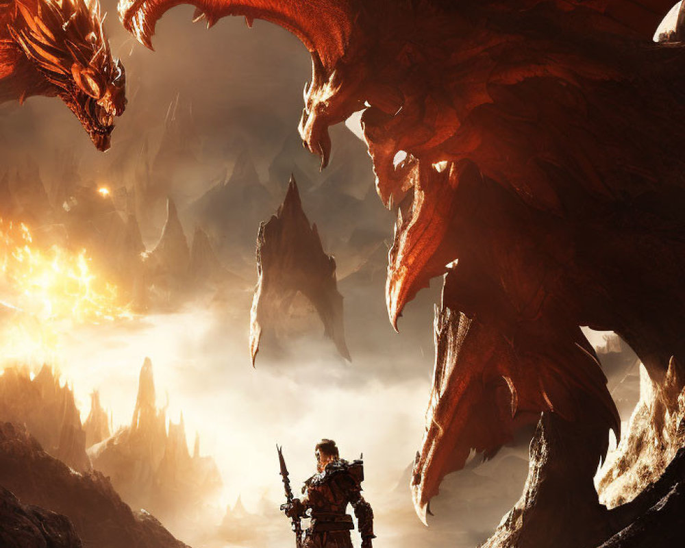 Warrior confronts dragon in fiery fantasy landscape