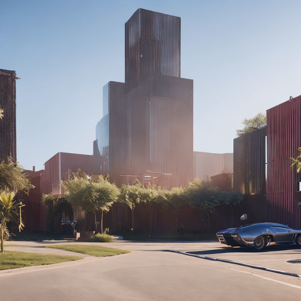 Rusted metal facade on modern architectural structures with futuristic car under clear sky
