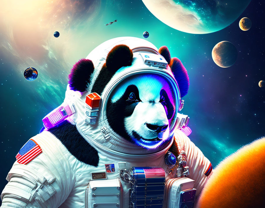 Panda Bear Astronaut in Vibrant Space Scene