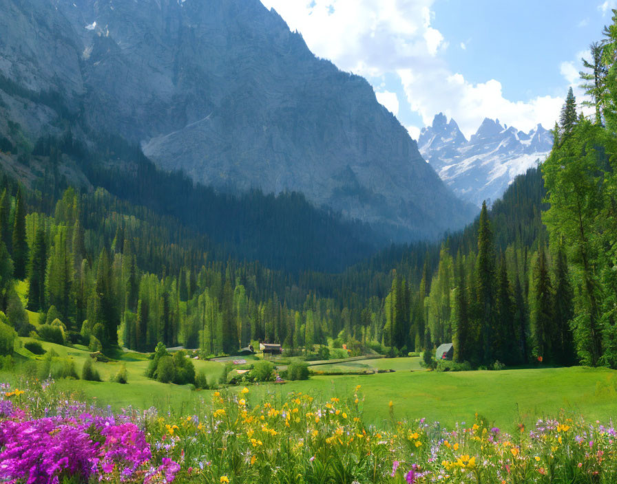 Scenic valley with wildflowers, meadows, forests, and mountains