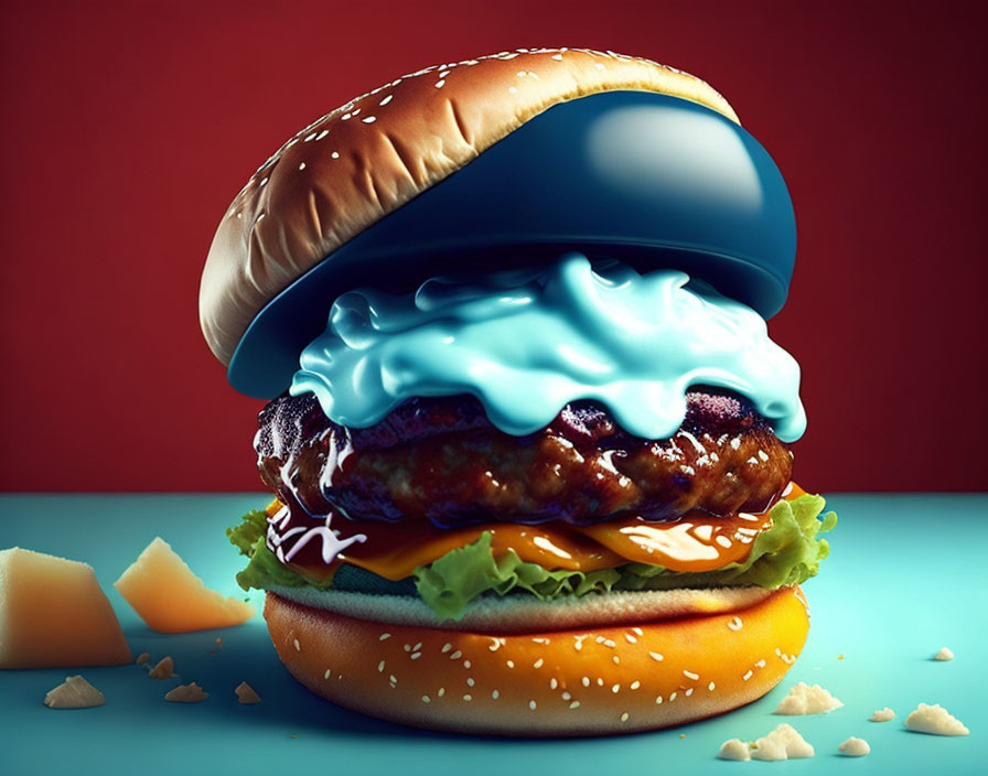 Stylized burger with beef patty, cheese, lettuce, and blue sauce