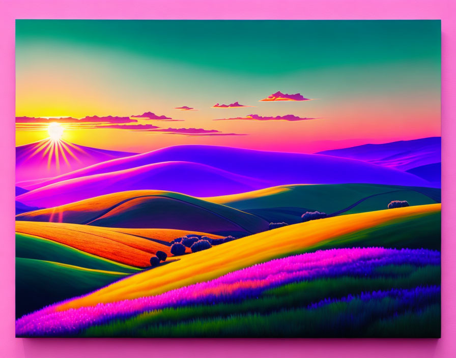 Colorful digital artwork of rolling hills at sunset in surreal palette.