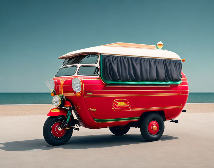 Red and Gold Boat-Like Three-Wheeled Vehicle on Beach