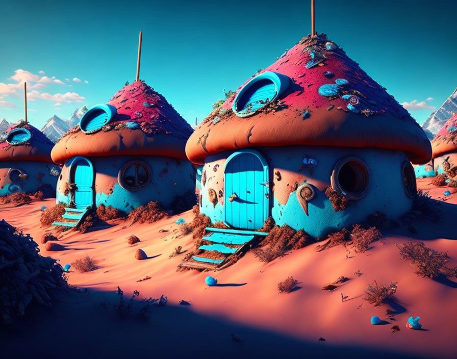 Fantasy mushroom-shaped houses with blue doors and windows in desert landscape