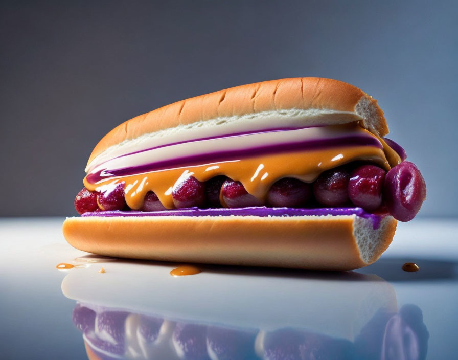 Colorful Hot Dog with Purple Bun and Toppings on Reflective Surface