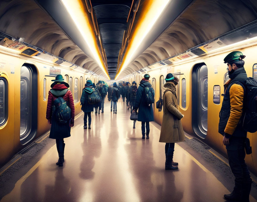 Busy winter subway scene with warm lighting and yellow train at platform