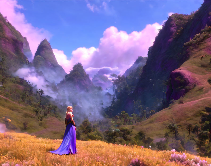 Woman in Blue Dress in Colorful Valley with Misty Green Peaks