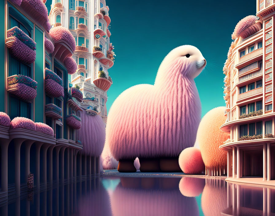 Giant Fluffy Pink Seal Among Whimsical Colorful Buildings