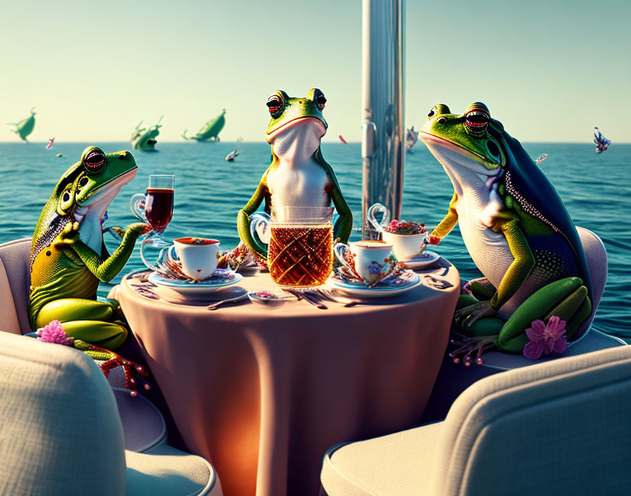 Anthropomorphic frogs having a tea party on a boat with parasailing frogs in the background