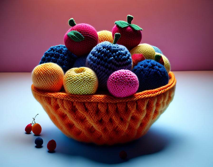 Vibrant Crochet Fruits in Knitted Bowl on Gradient Background