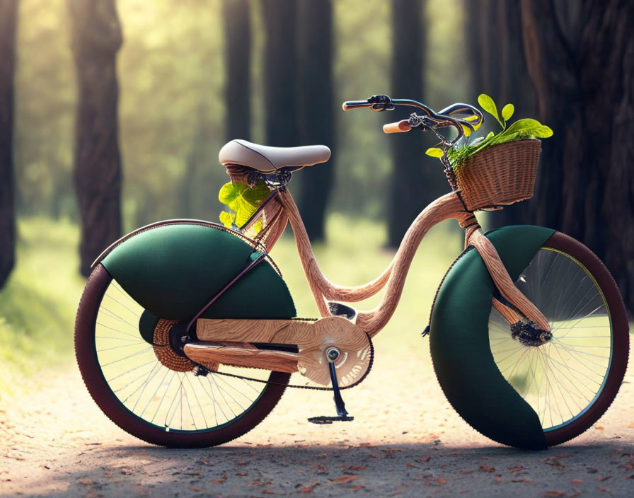 Vintage-style bicycle with woven basket and plants on sunlit forest path