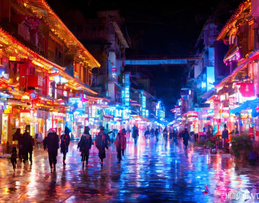 Colorful Night Street Scene with Red and Blue Lights and Pedestrians