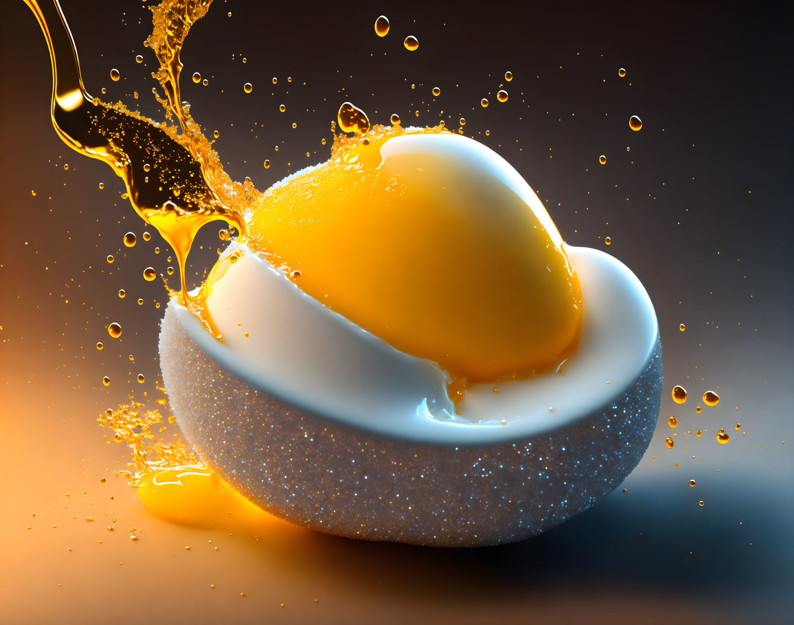 Cracked egg with spilling yolk and suspended droplets on warm-toned background