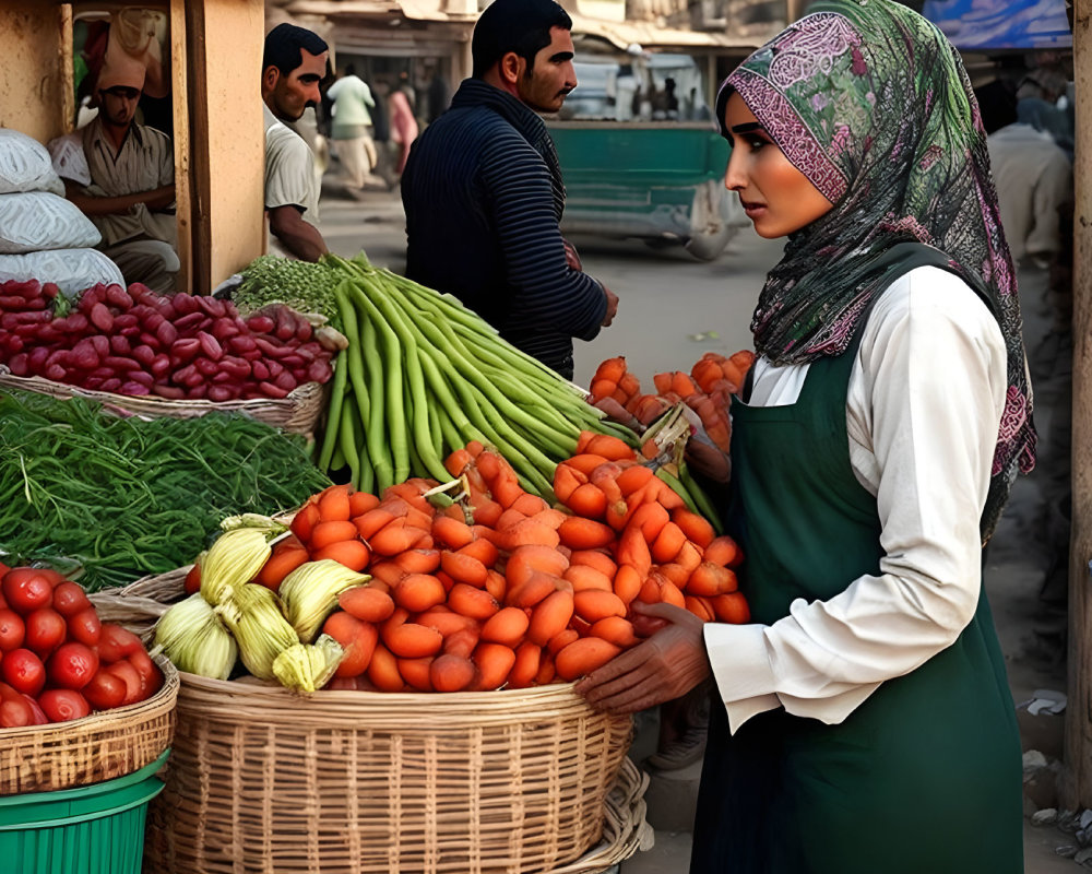 Woman in hijab browsing fresh vegetables at bustling market.