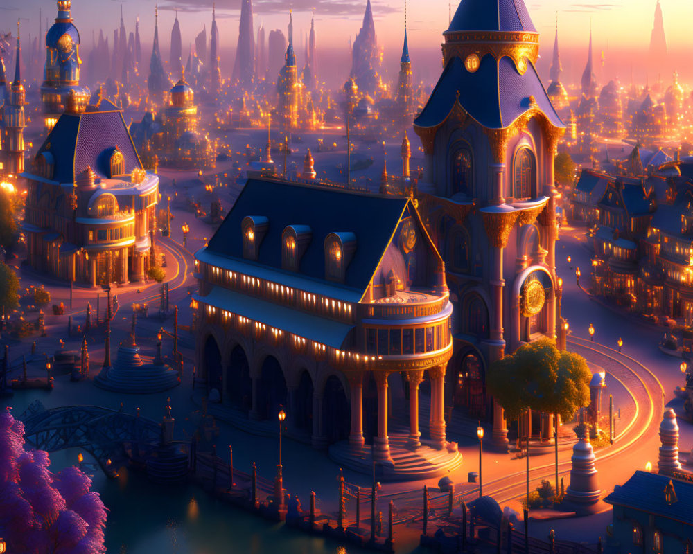 Fantasy cityscape at dusk: vibrant, ornate buildings, bridges, and spires under glowing